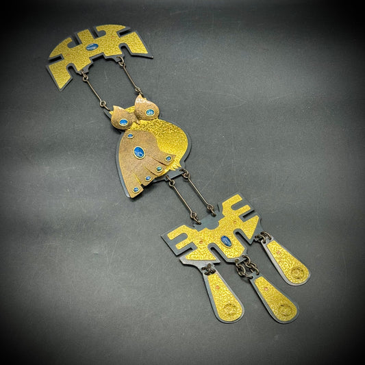 RARE MCM Brutalist Mixed Media Brass & Lapis Owl by Chilean Artist Christian Luis Gomez