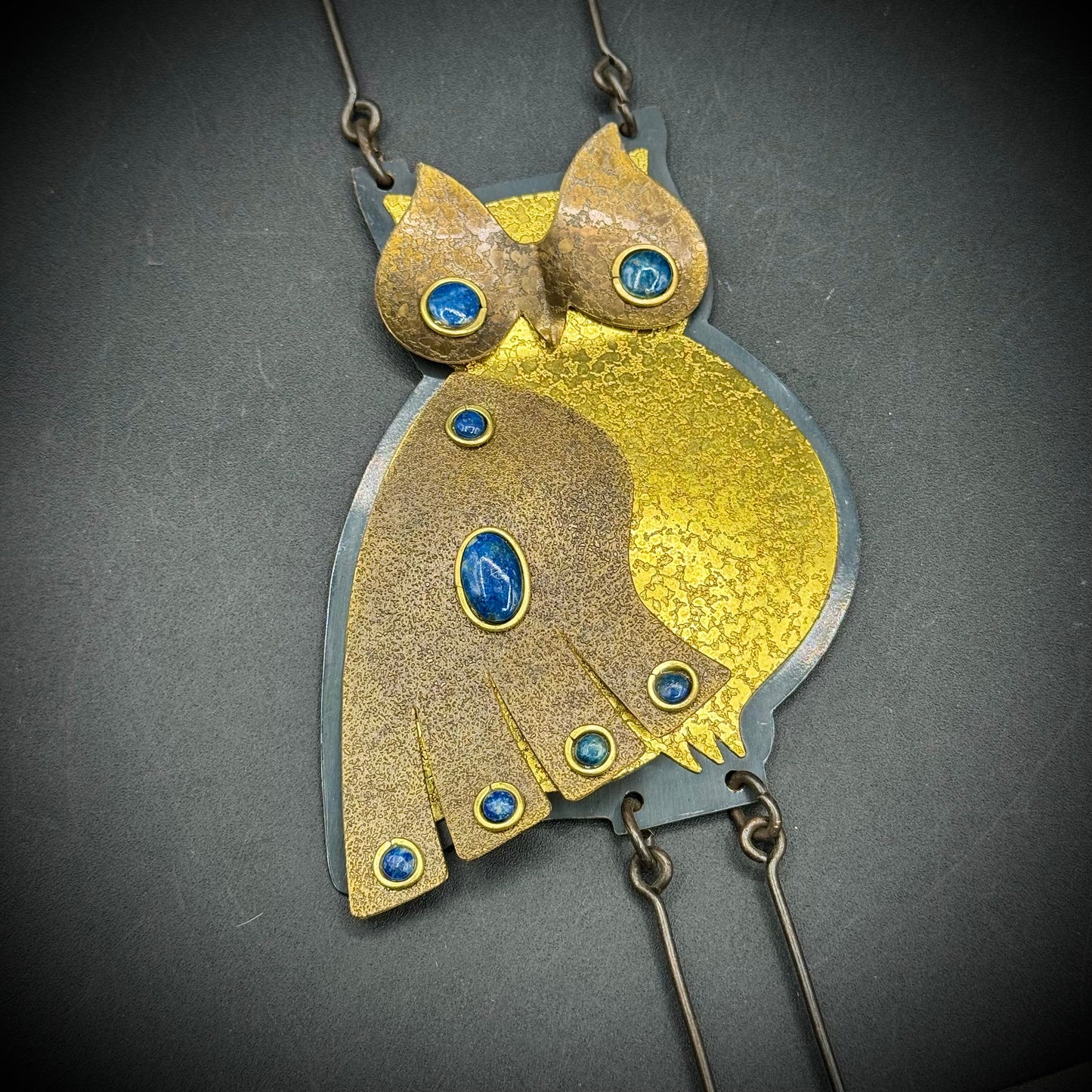 RARE MCM Brutalist Mixed Media Brass & Lapis Owl by Chilean Artist Christian Luis Gomez