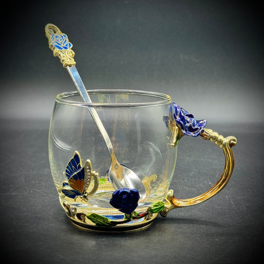 Glassyfi Ornate Enamel, Crystal & Glass Cup with Spoon