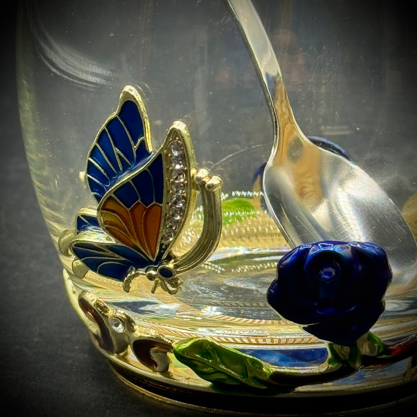 Glassyfi Ornate Enamel, Crystal & Glass Cup with Spoon