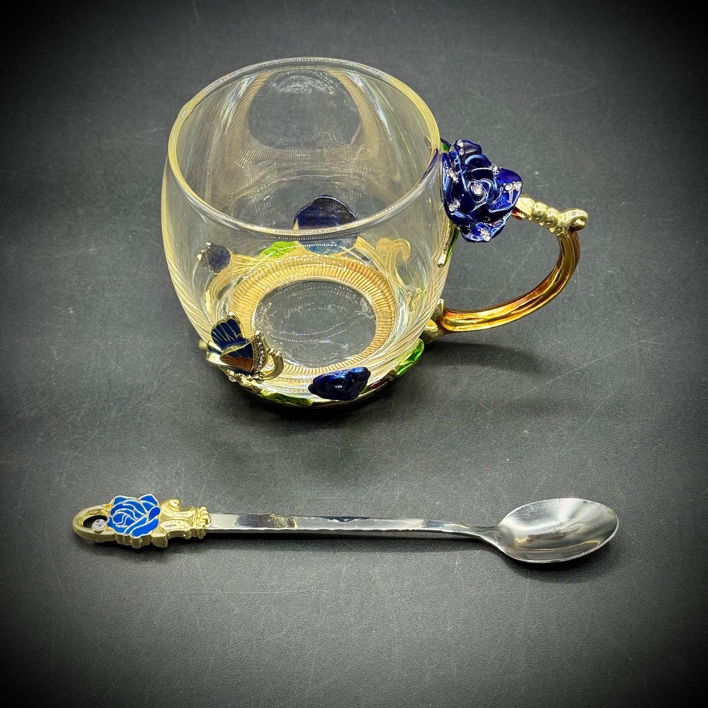 Glassyfi Ornate Enamel, Crystal & Glass Cup with Spoon