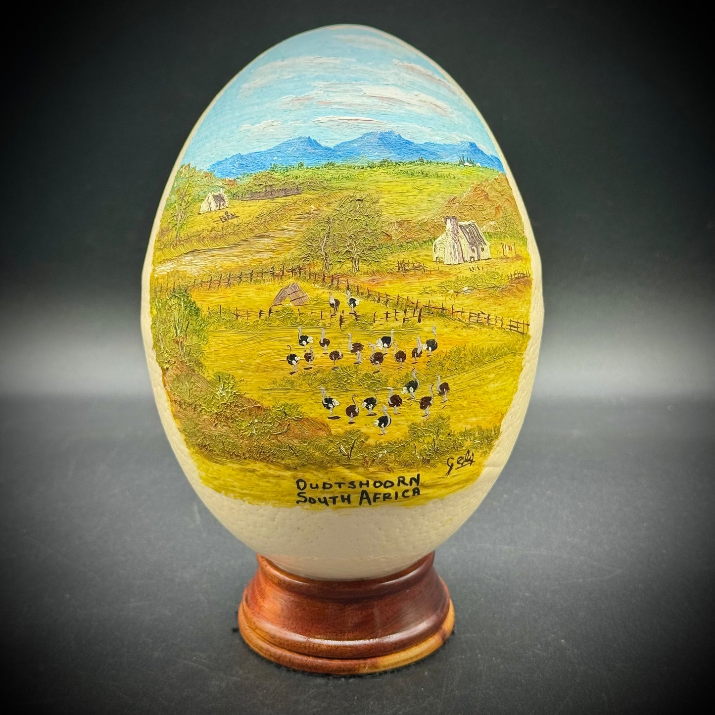 Original Artist Hand Painted South African Ostrich Egg on Wood Base