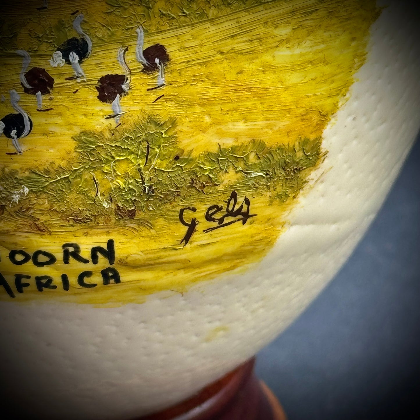 Original Artist Hand Painted South African Ostrich Egg on Wood Base