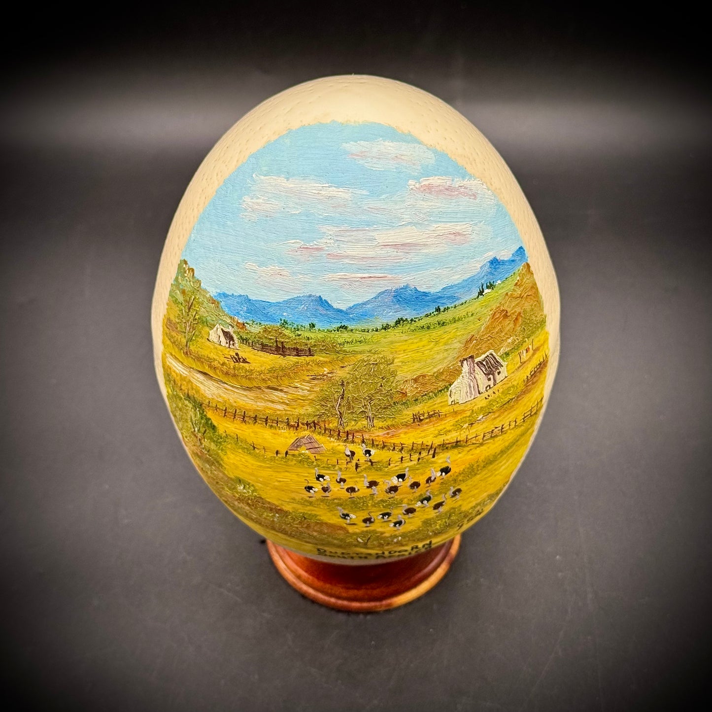 Original Artist Hand Painted South African Ostrich Egg on Wood Base