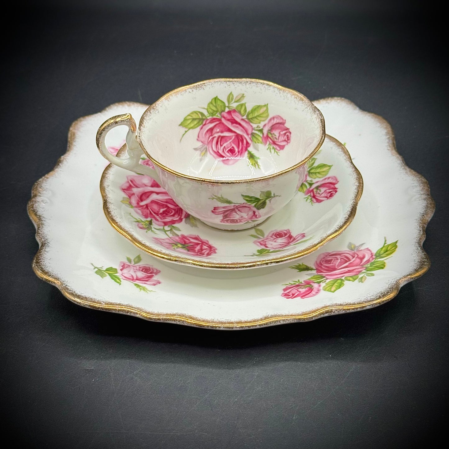 Set of 3 Royal Standard Orleans Rose Tea Cup, Saucer & Biscuit Dish Fine Bone China