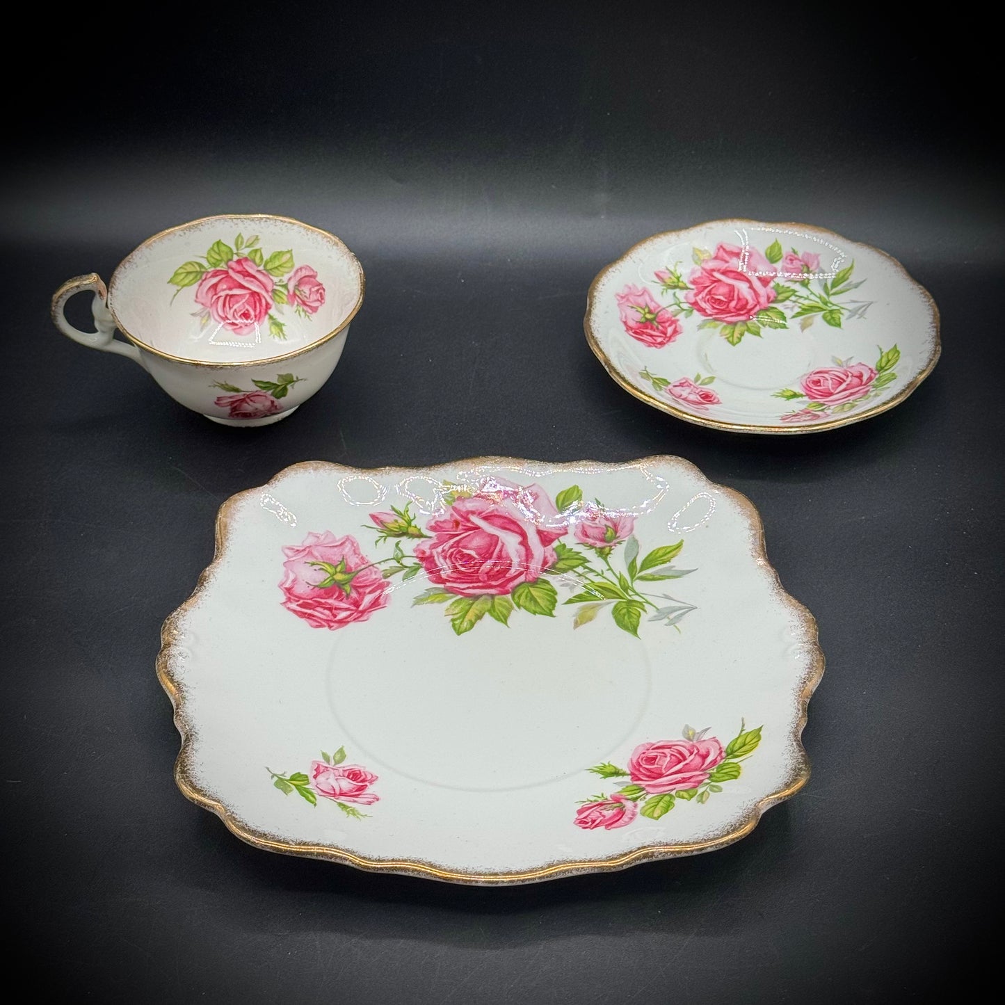 Set of 3 Royal Standard Orleans Rose Tea Cup, Saucer & Biscuit Dish Fine Bone China