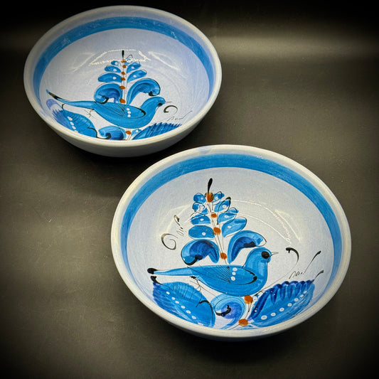 Pair of Large Tonala Mexico Blue Bird Motif Bowl