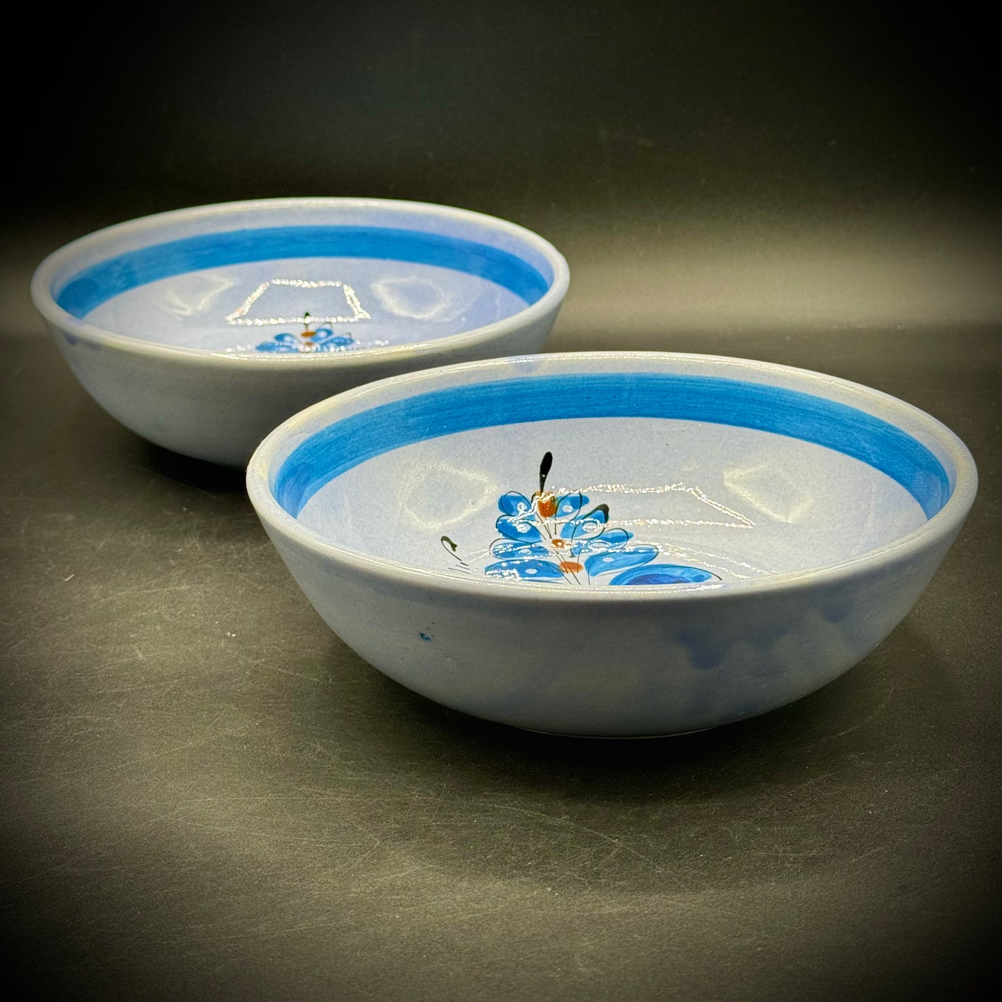 Pair of Large Tonala Mexico Blue Bird Motif Bowl