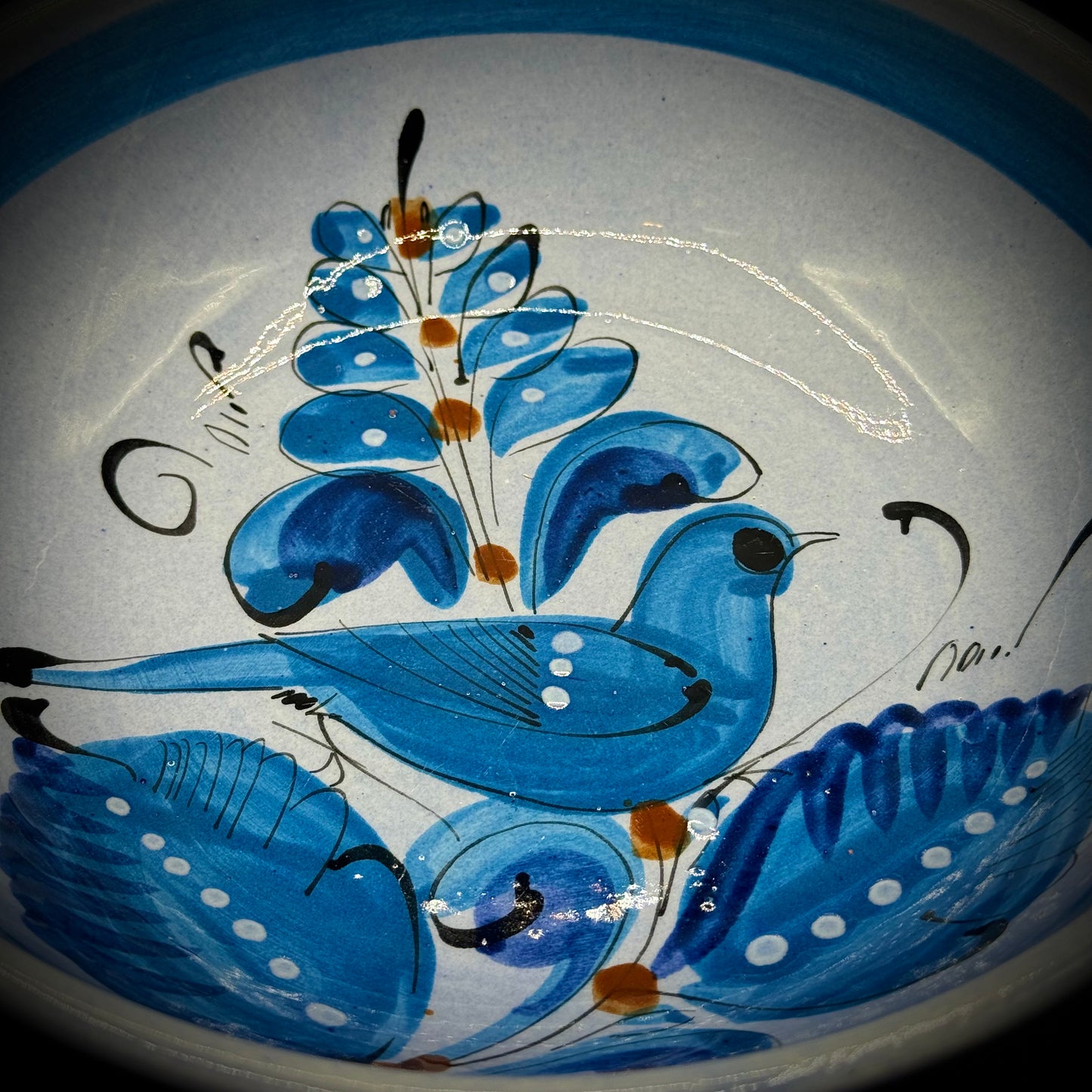 Pair of Large Tonala Mexico Blue Bird Motif Bowl
