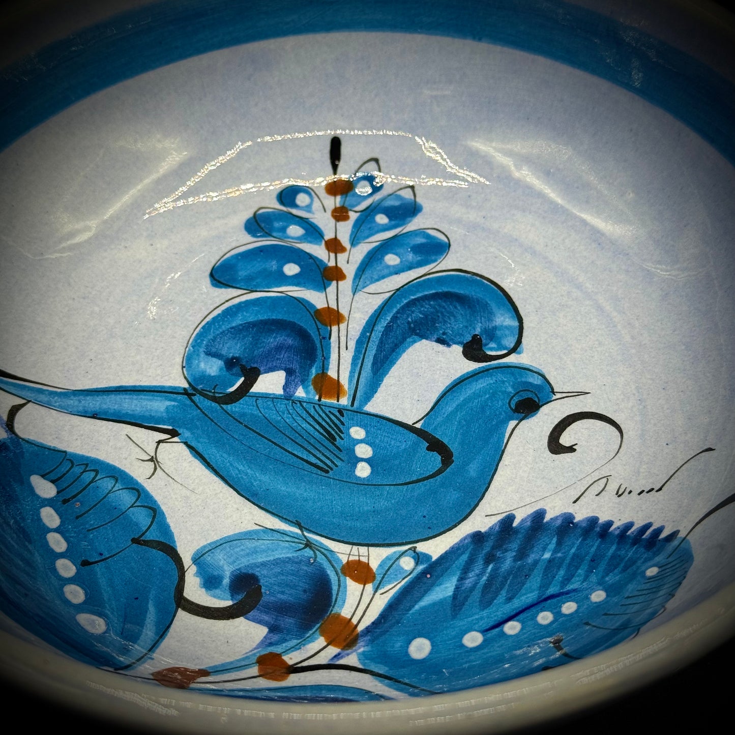 Pair of Large Tonala Mexico Blue Bird Motif Bowl