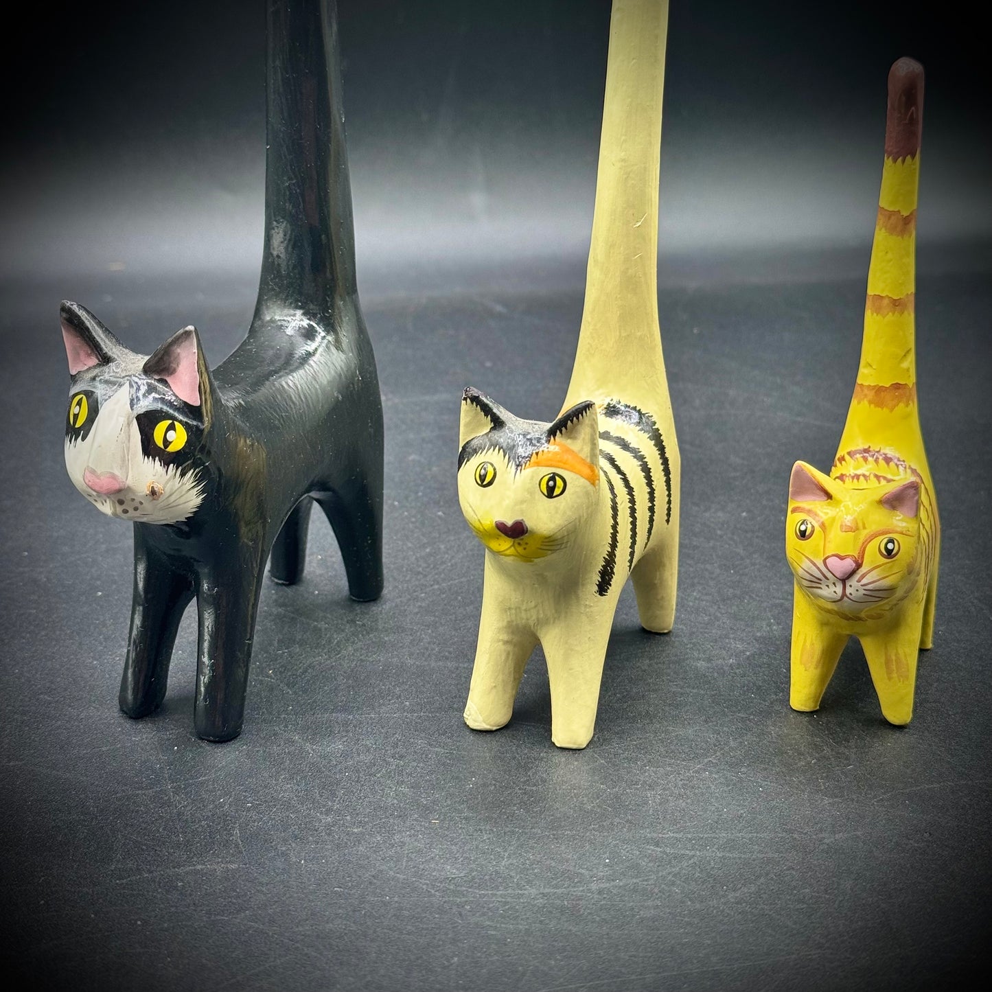 Set of 3 Hand Carved & Painted Wood Folk Art Cats