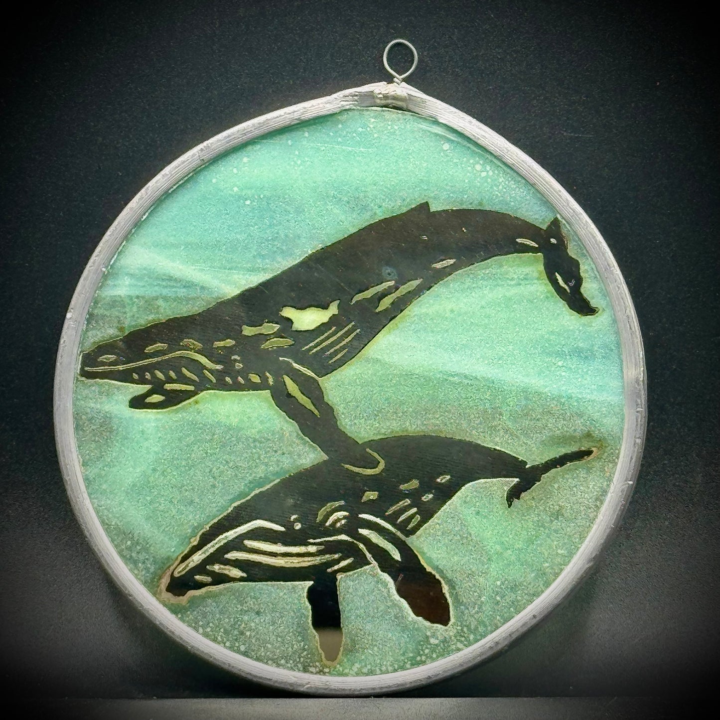 Hand Forged Metal & Art Glass Whale Motif Suncatcher