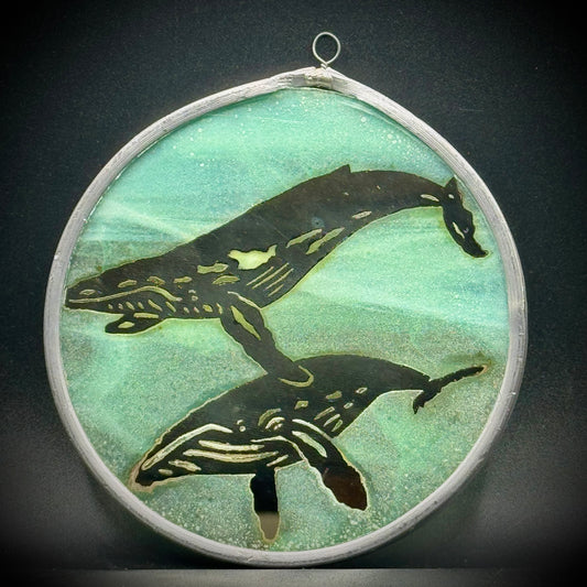 Hand Forged Metal & Art Glass Whale Motif Suncatcher