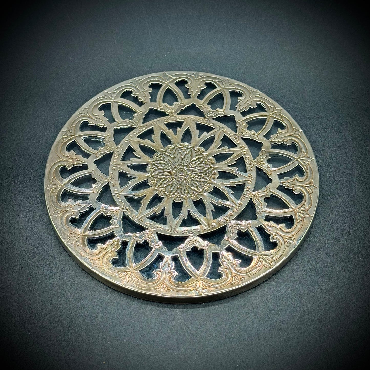 Ornate Metal & Glass Trivet Marked "Lunt"
