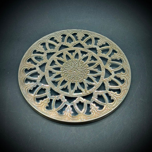 Ornate Metal & Glass Trivet Marked "Lunt"