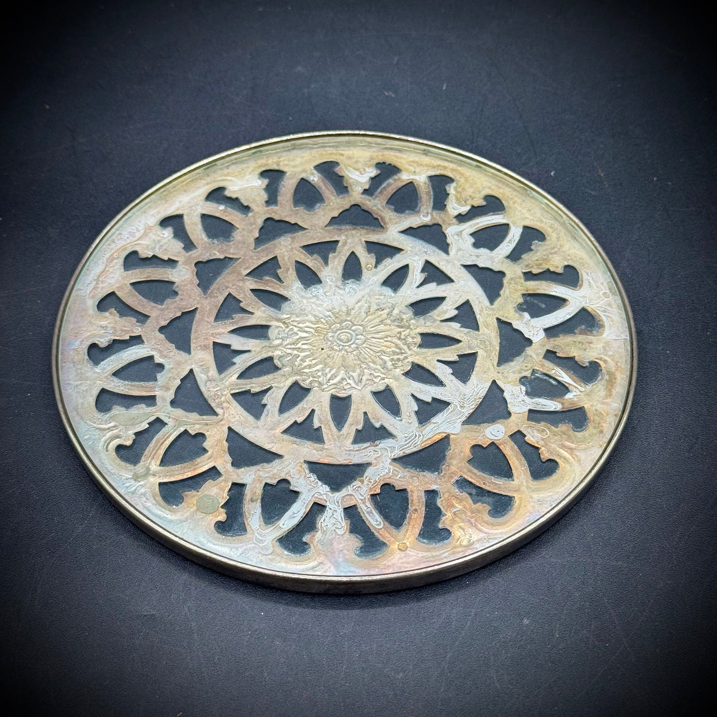 Ornate Metal & Glass Trivet Marked "Lunt"
