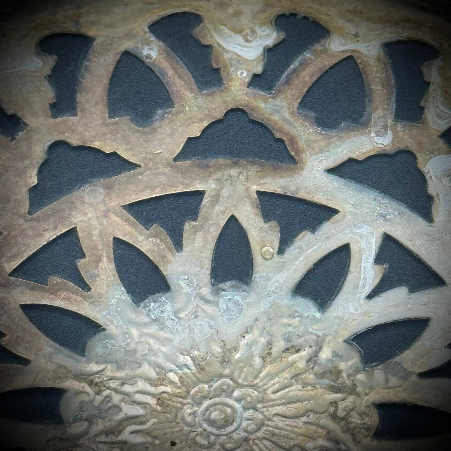 Ornate Metal & Glass Trivet Marked "Lunt"