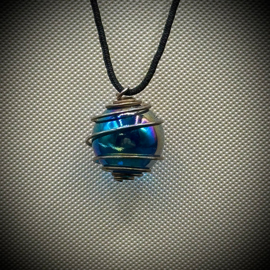 Artisan Made Glass Sphere Pendant Wrapped in Copper Necklace on Black Cord