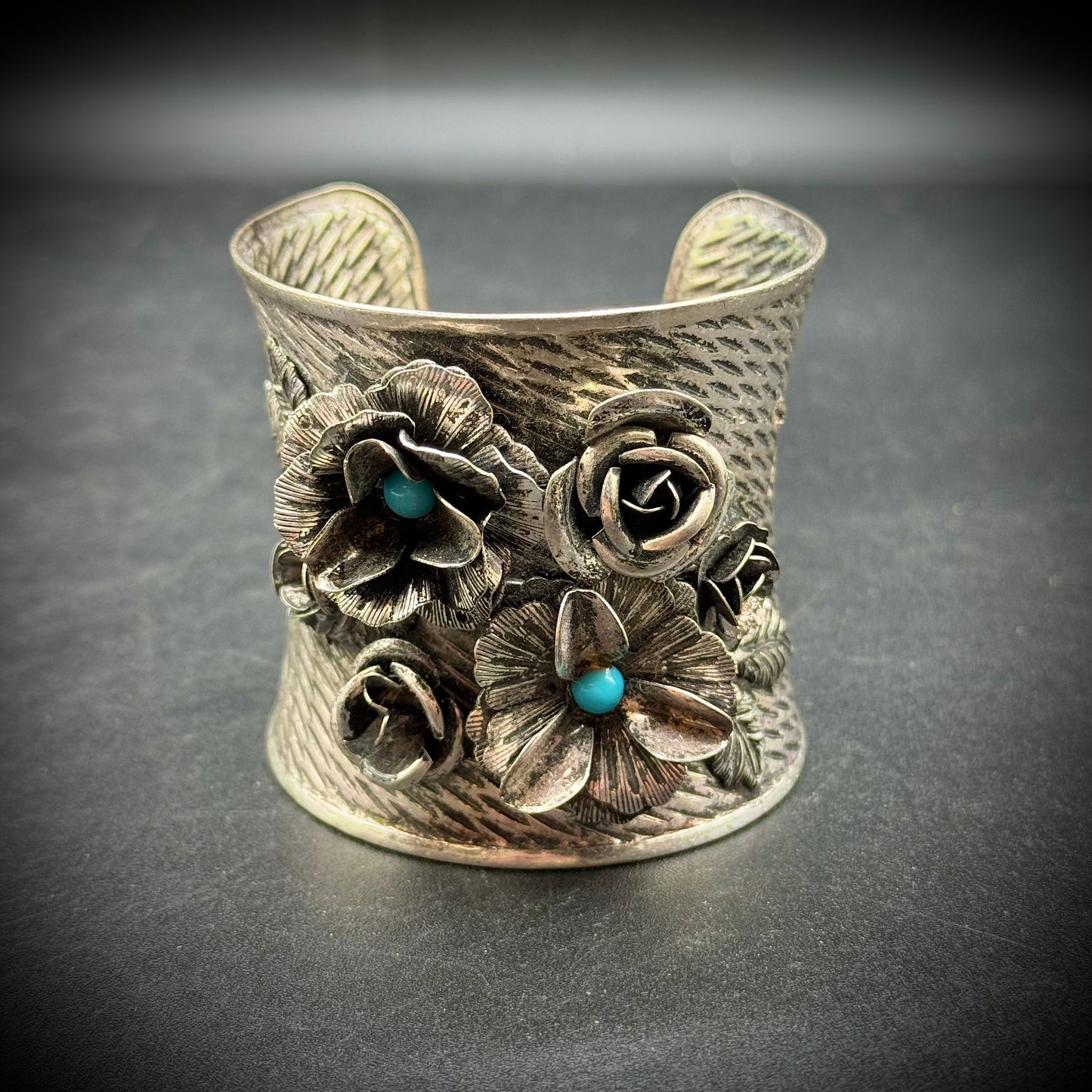 Silver Tone Cuff Bracelet with 3D Flower Motif & Faux Turquoise