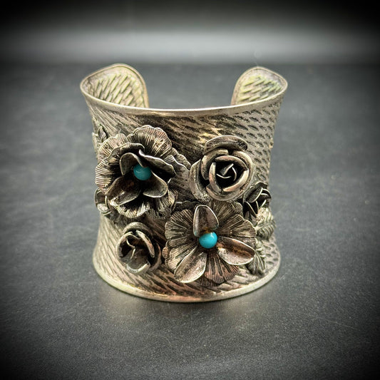 Silver Tone Cuff Bracelet with 3D Flower Motif & Faux Turquoise