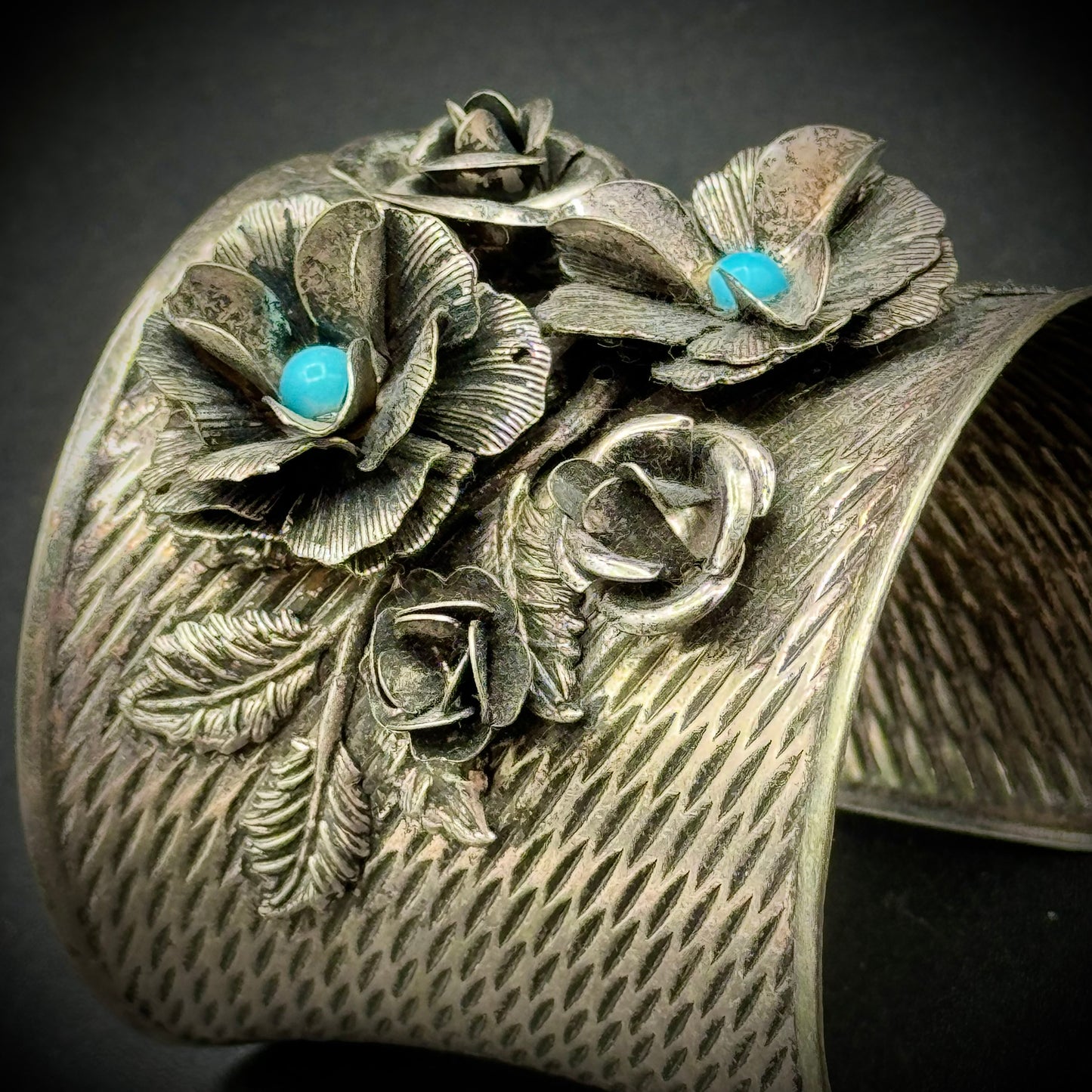 Silver Tone Cuff Bracelet with 3D Flower Motif & Faux Turquoise