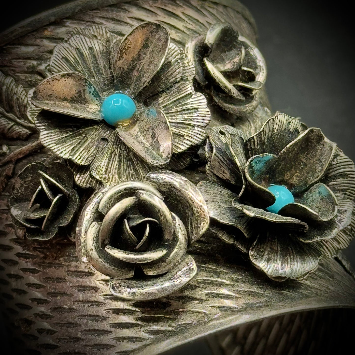 Silver Tone Cuff Bracelet with 3D Flower Motif & Faux Turquoise