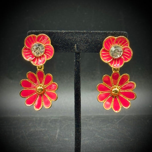 Enamel & Rhinestone Flower Motif Earrings