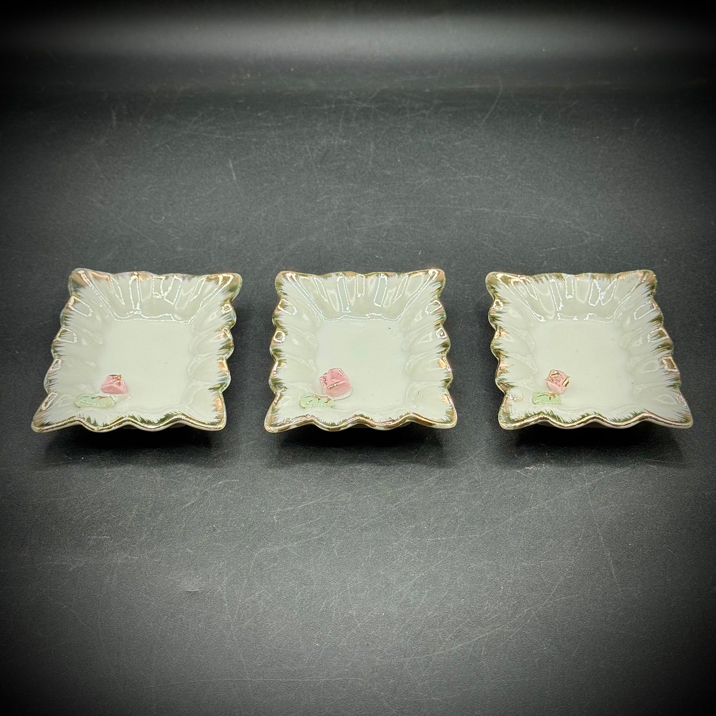 Set of 3 Vintage Japan Boudoir Trinket Dishes with Flower Motif