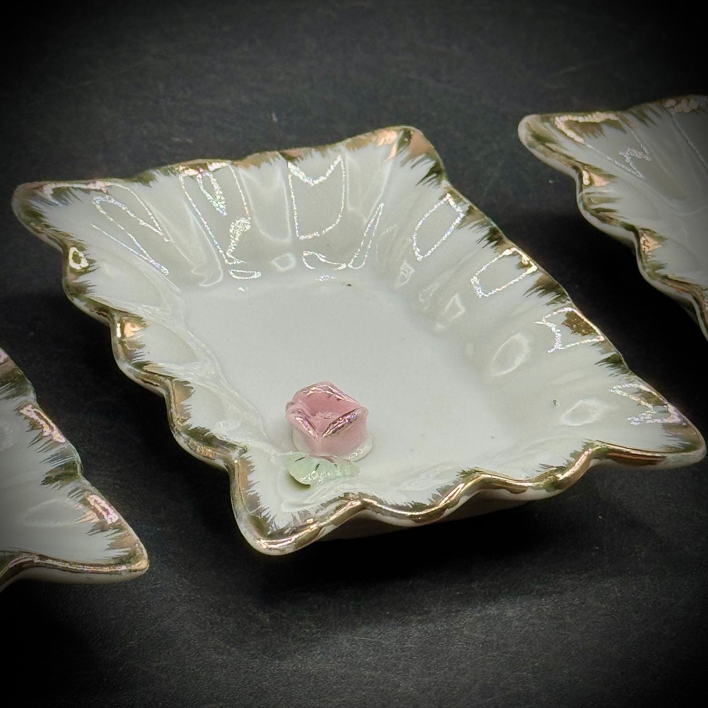 Set of 3 Vintage Japan Boudoir Trinket Dishes with Flower Motif