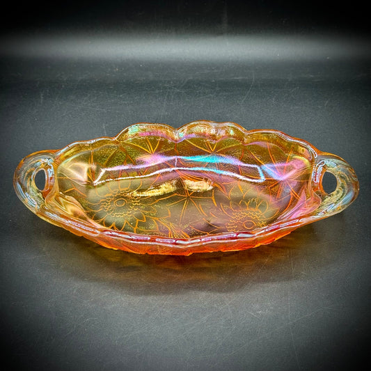 Vintage Indiana Carnival Glass "Lily Pons" Marigold Handled Dish