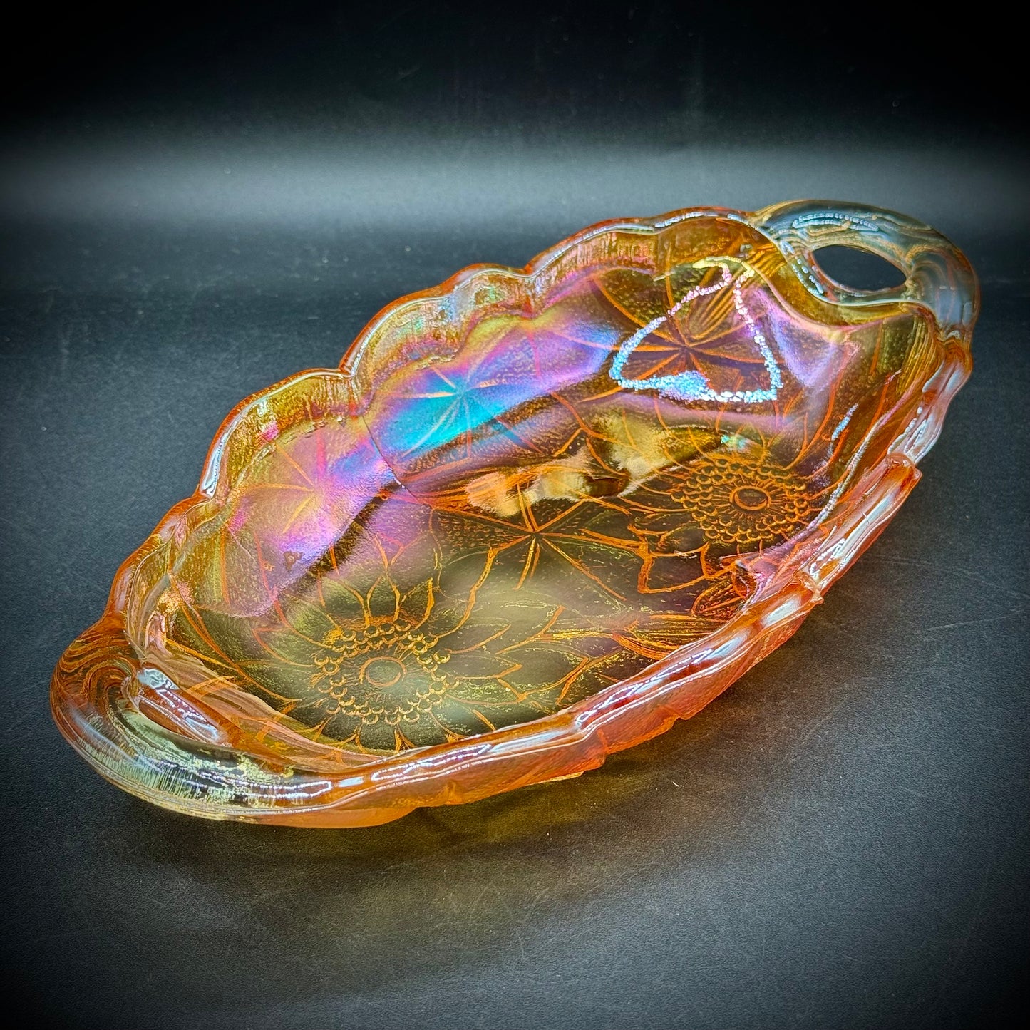 Vintage Indiana Carnival Glass "Lily Pons" Marigold Handled Dish