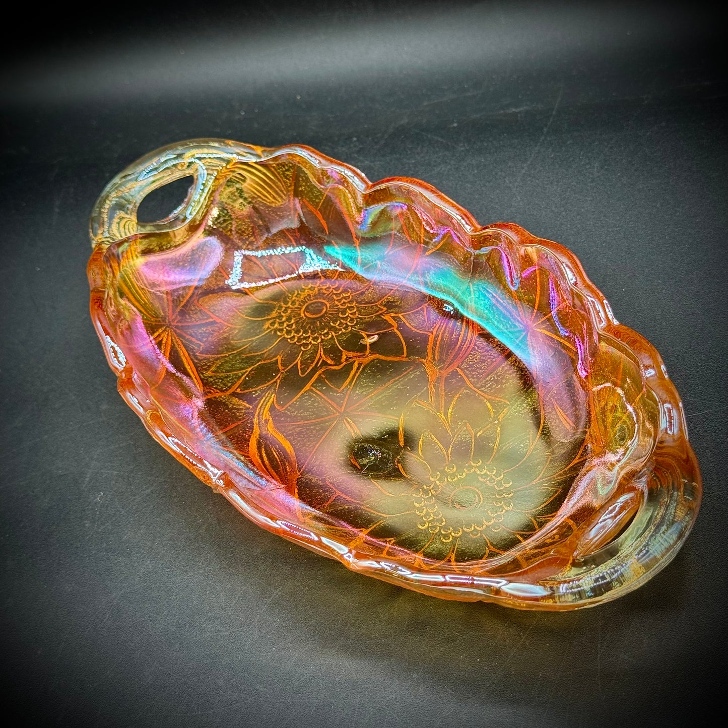 Vintage Indiana Carnival Glass "Lily Pons" Marigold Handled Dish