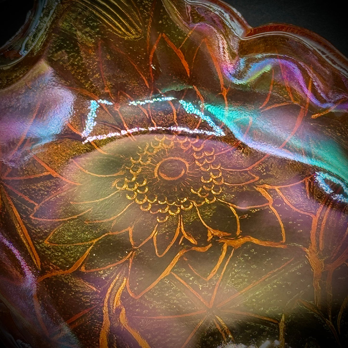 Vintage Indiana Carnival Glass "Lily Pons" Marigold Handled Dish