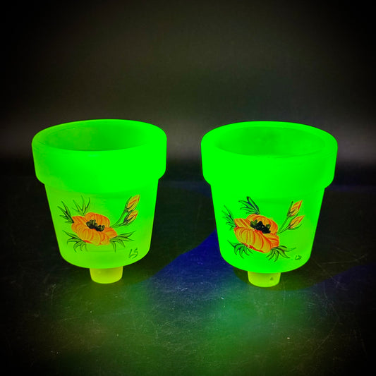 Vintage Artist Signed Flower Motif Vaseline Glass Candle Stick Inserts