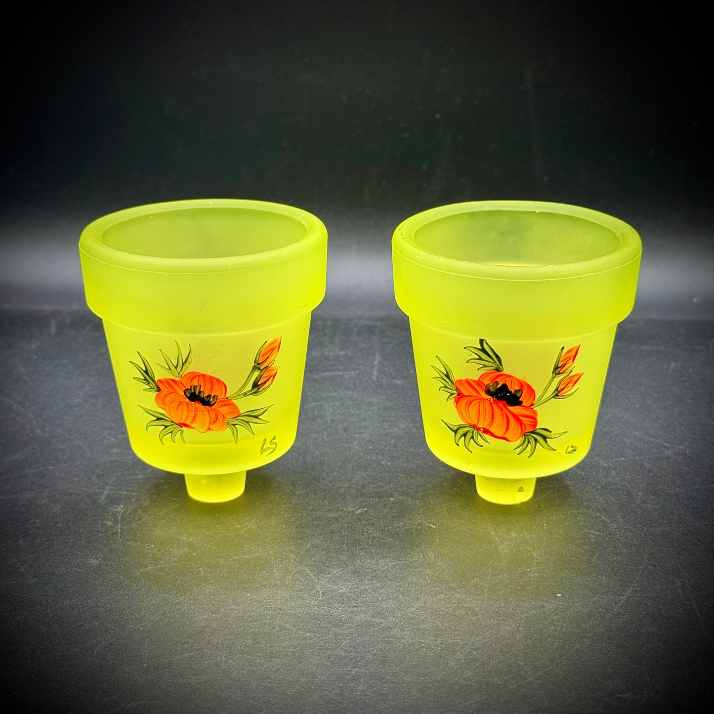 Vintage Artist Signed Flower Motif Vaseline Glass Candle Stick Inserts