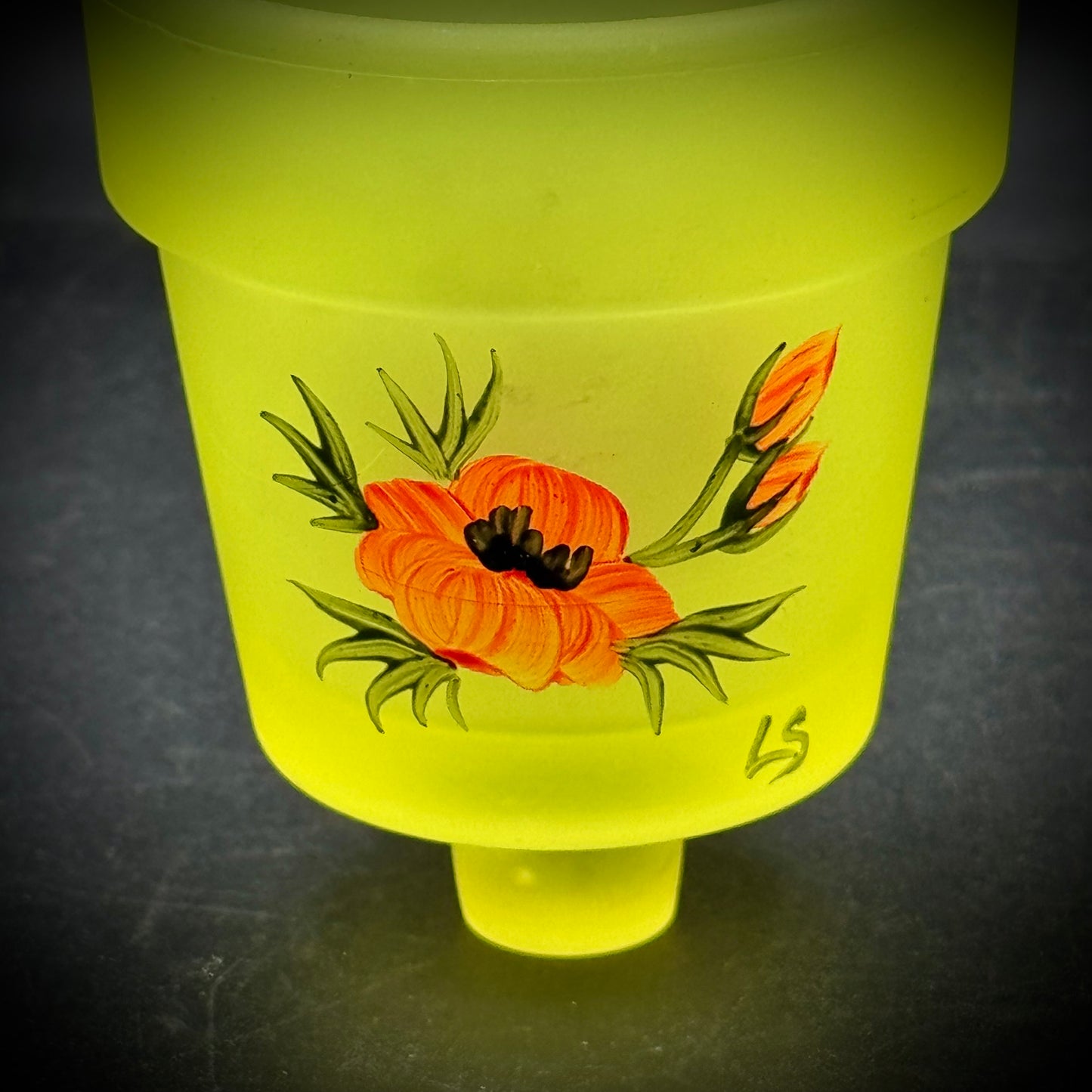 Vintage Artist Signed Flower Motif Vaseline Glass Candle Stick Inserts