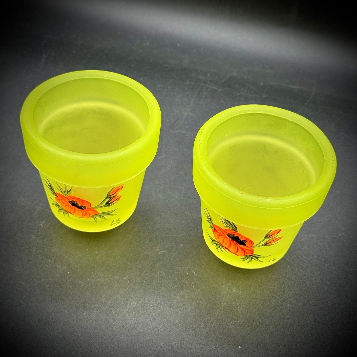 Vintage Artist Signed Flower Motif Vaseline Glass Candle Stick Inserts