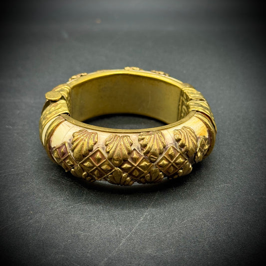 Vintage Carved Bone & Brass Bangle Bracelet
