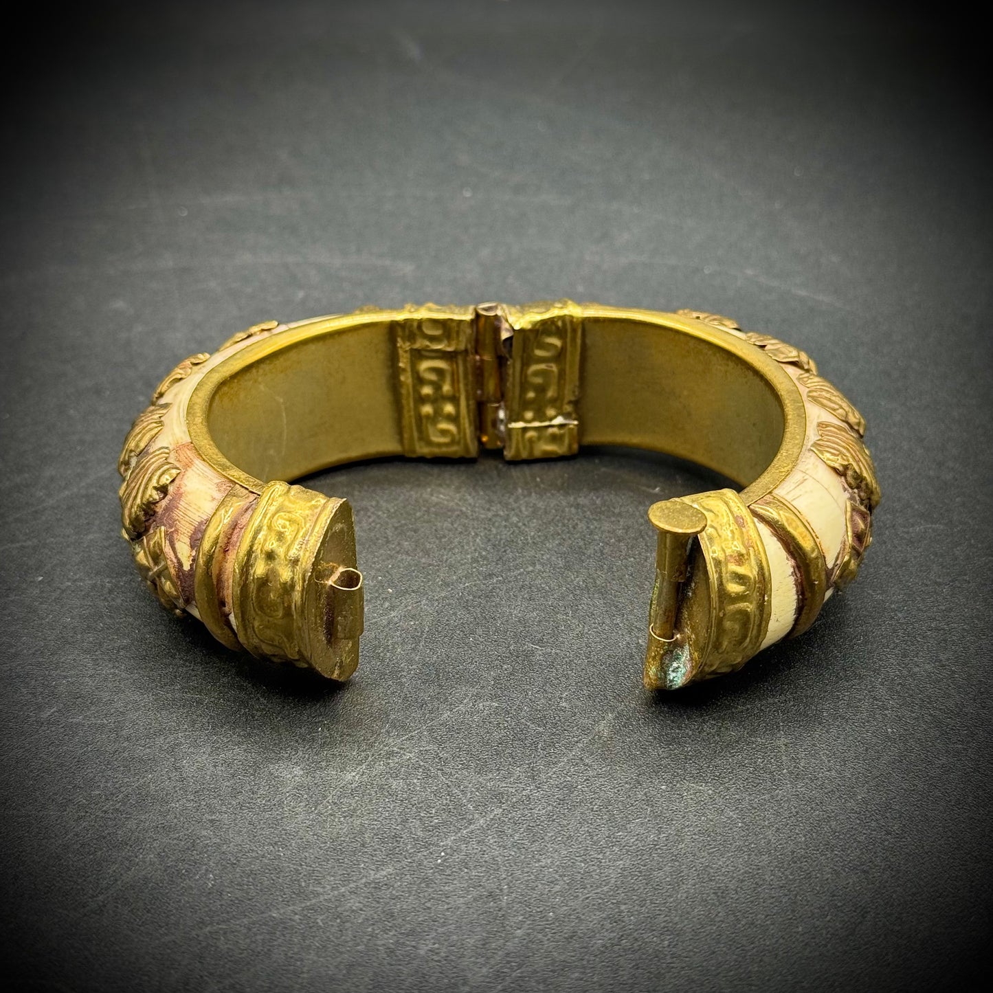 Vintage Carved Bone & Brass Bangle Bracelet