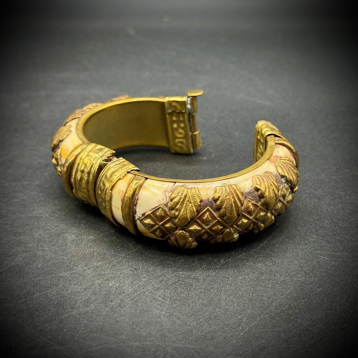 Vintage Carved Bone & Brass Bangle Bracelet