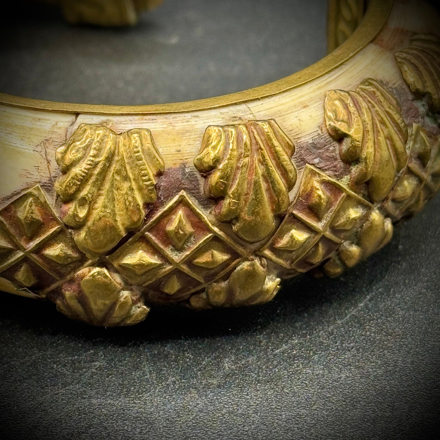 Vintage Carved Bone & Brass Bangle Bracelet