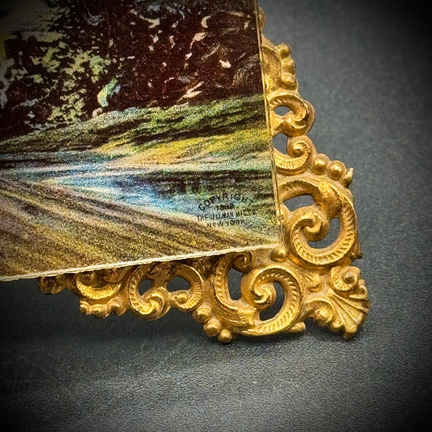 Antique 1898 Color Print by Ullman Mfg Co. in Ornate Brass Frame