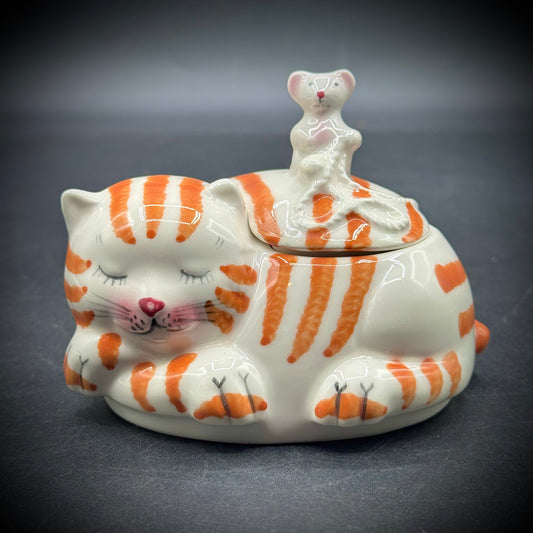 Adorable Ceramic Sleeping Cat & Mouse Trinket Box