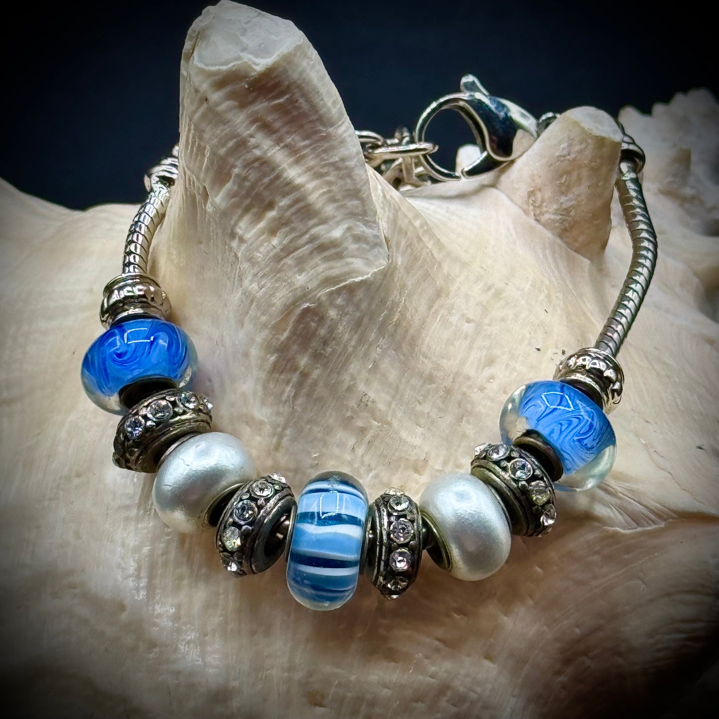 Bella Perlina Charm Bracelet Featuring Aqua & White Beads w/Rhinestones