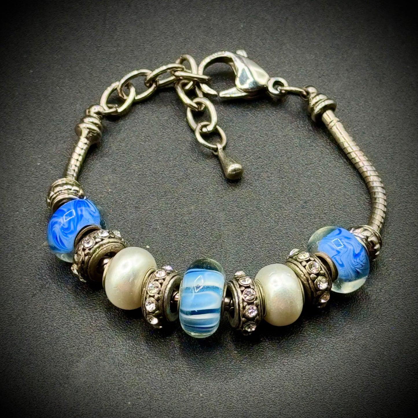 Bella Perlina Charm Bracelet Featuring Aqua & White Beads w/Rhinestones