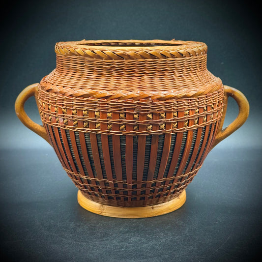 Vintage 1970s Heavy Rattan Basket Planter with Ceramic Insert