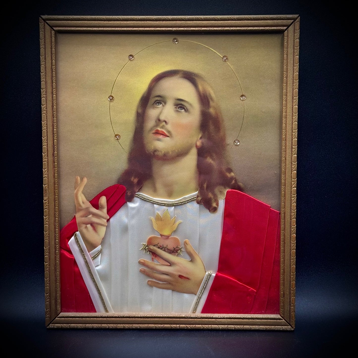 Vintage Dimensional Jesus Portrait with Rhinestone Accents